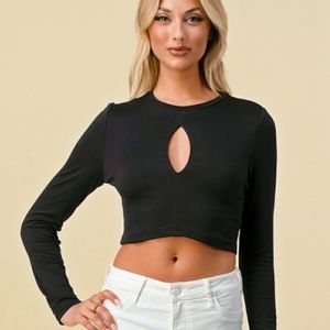 #10130-3 Women’s Crop Top Cutout Keyhole Long Sleeve,Black,More Size Available.